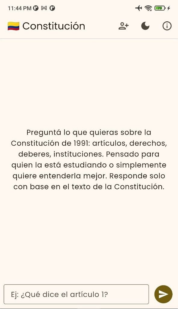 Pantalla de bienvenida del chat de la Constitución de Colombia