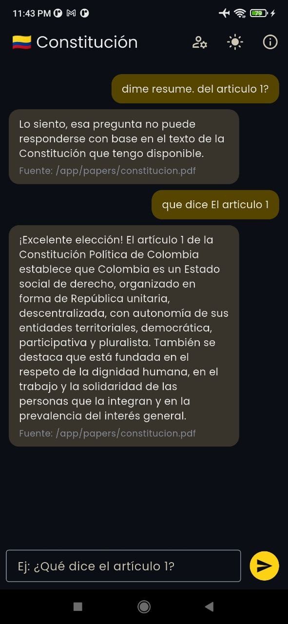 Conversación real en la app: pregunta sobre el artículo 1 y respuesta con fuente citada